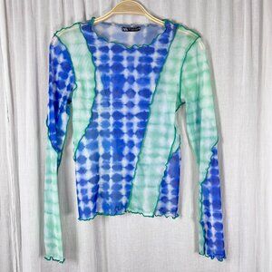 Zara Mesh Tie Dye Lettuce Hem Blue Green